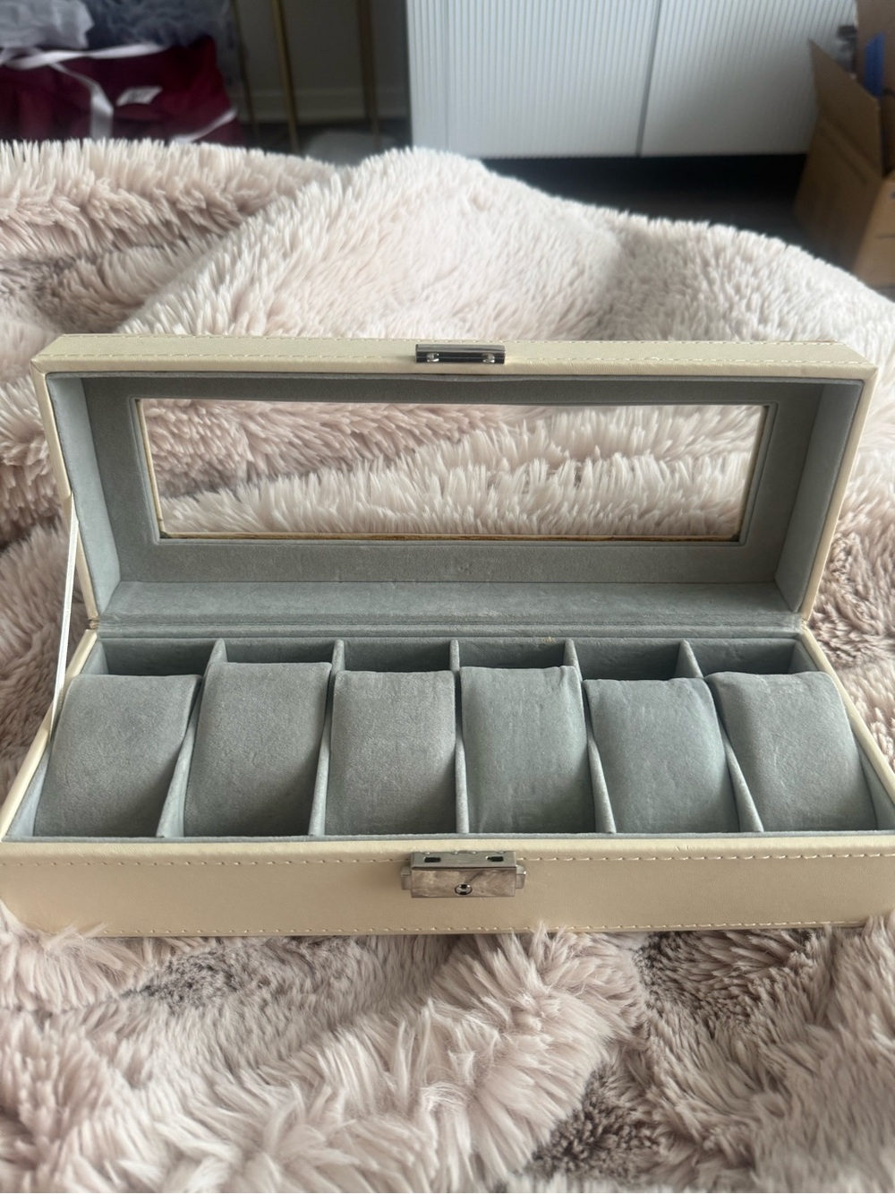 Cream 6-Slot Watch Jewelry Display Box Glass Lid w/ Key